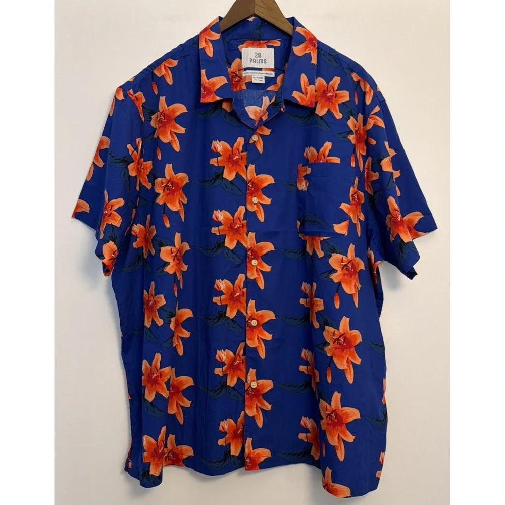 28 Palms Hawaiian Button Up Shirt Mens 3XL Blue Tropical Resort Casual Travel